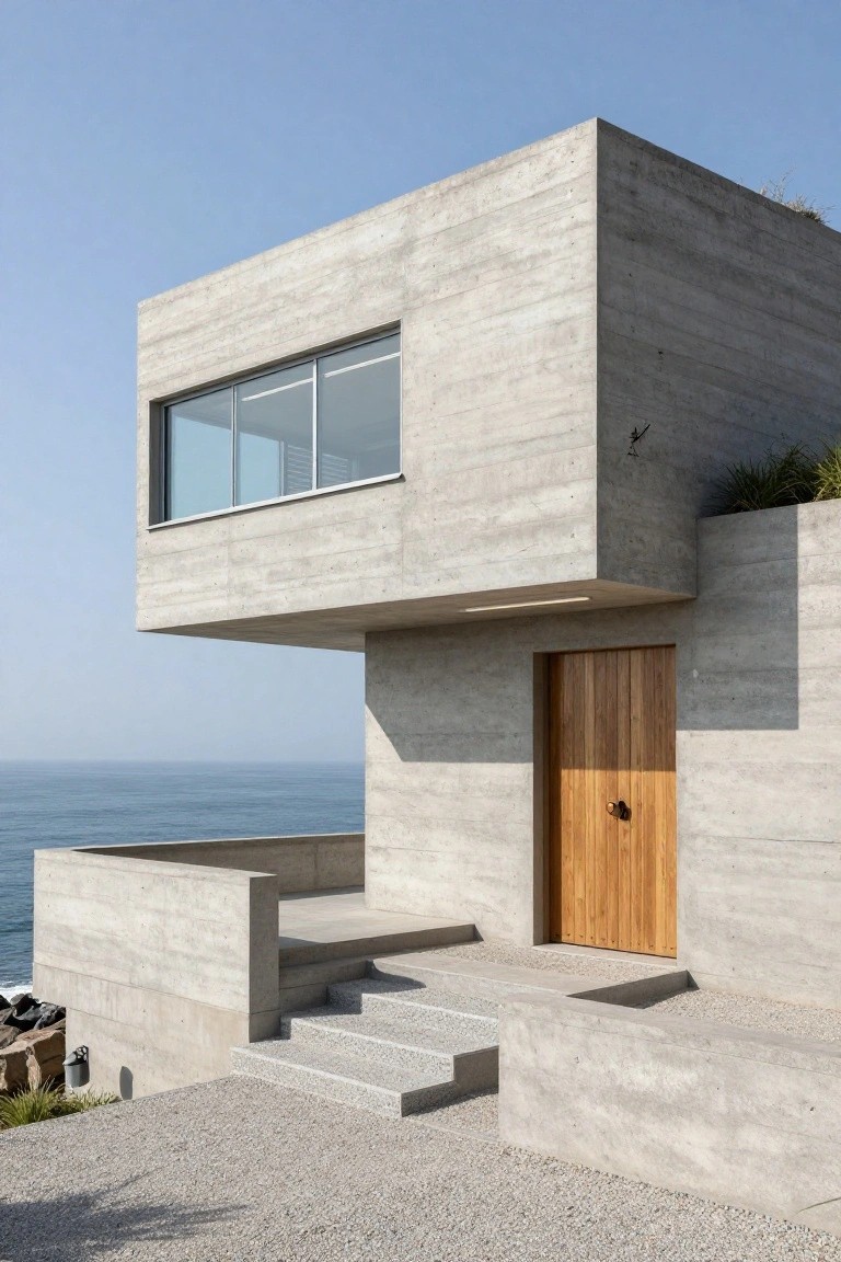 A minimalist multi-story house made of textured gray concrete perched on a rocky cliff above the ocean, with a wooden entry door, stone steps, gravel ground cover, and large glass windows.