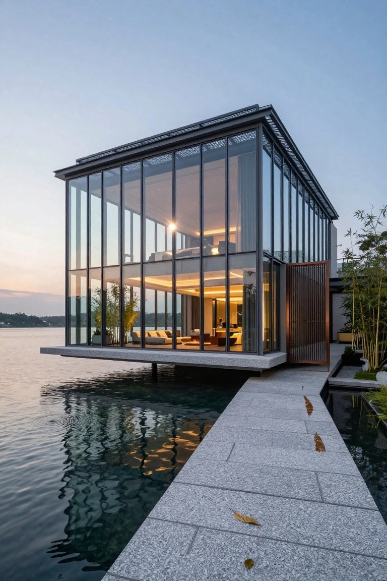 Modern cubic glass house cantilevered over a dark lake, connected by a long gray stone pier with bamboo plants and a wooden entry door on the side.