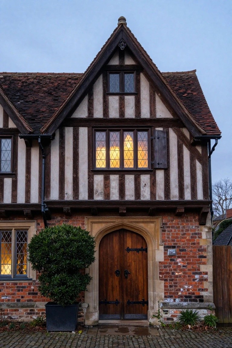 Tudor-style house exterior featuring black half-timber framing on white plaster walls, multiple leaded glass windows with warm interior lighting, an arched wooden front door with iron hardware, brick base, potted shrub, and cobblestone path in front.