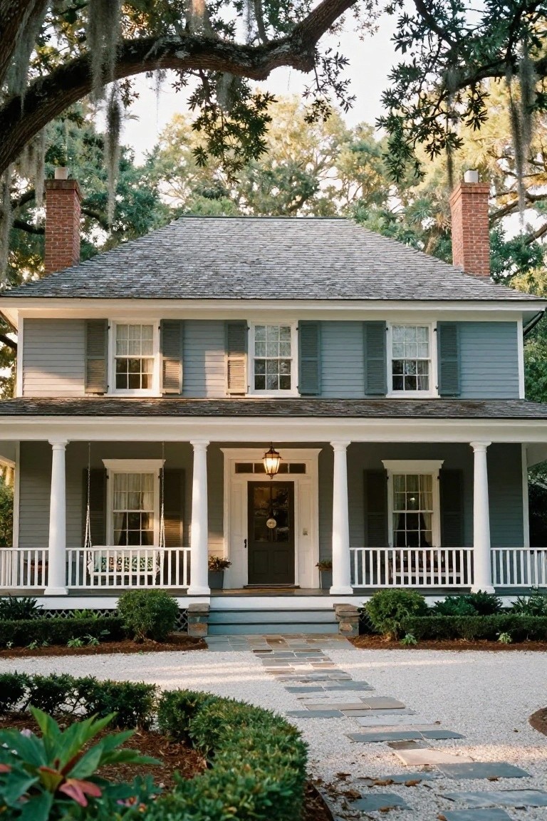 Two-story light blue clapboard house with white columned front porch, hanging swing, dark wood door, brick chimneys, and surrounding landscaping under oak trees with Spanish moss.