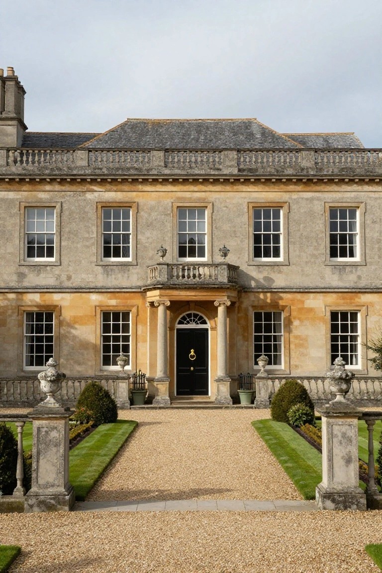 Elegant stone mansion with arched doorway, gravel path, and formal garden.