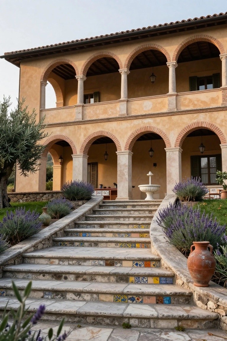 Beige stucco house facade with red brick arches and white columns under a tiled roof, curved stone stairs with colorful tile inserts leading to the entrance, flanked by lavender plants, a fountain, and an olive tree.