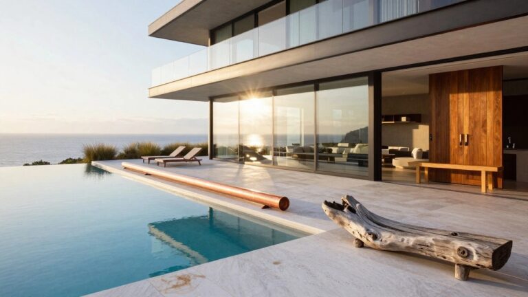 Modern luxury house exterior with black-framed glass walls, cantilevered upper level, wooden sliding door, infinity edge pool on tiled terrace, lounge chair, driftwood bench, potted plants, and ocean view.