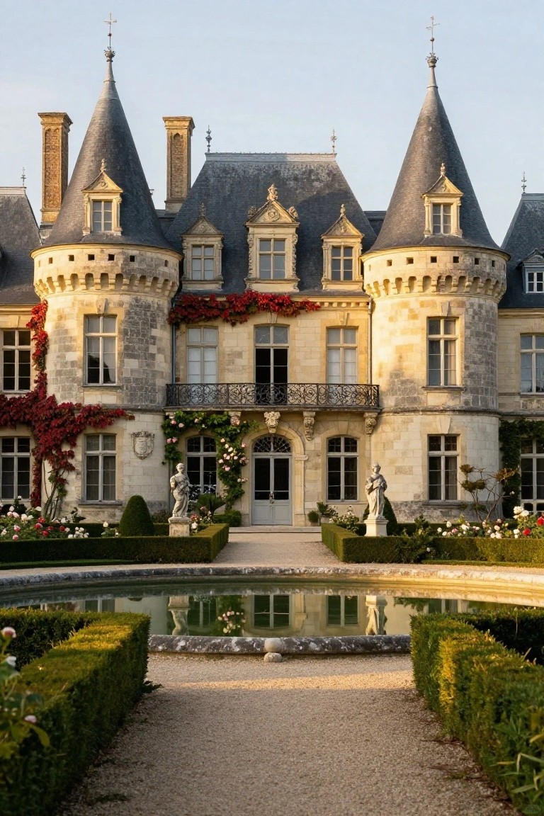 Front view of a beige stone chateau mansion with dark slate conical towers, climbing red ivy on walls, formal boxwood hedges, statues flanking the entry door, and a rectangular reflecting pool in the foreground.