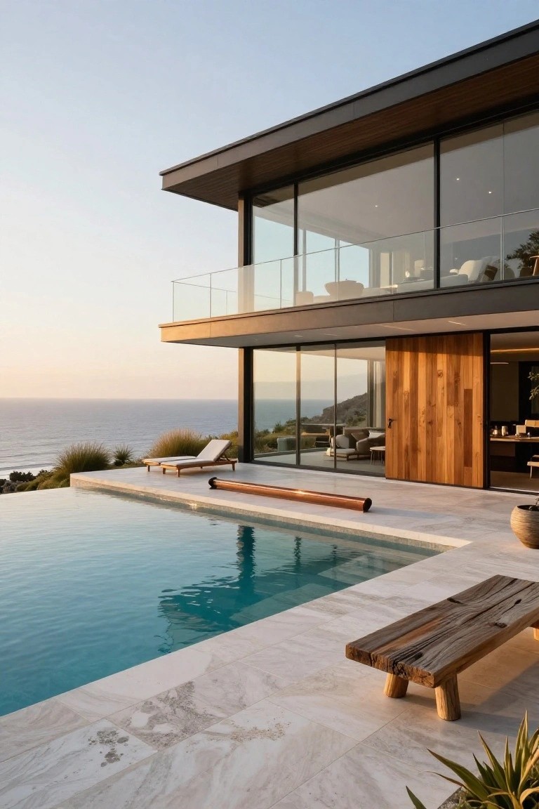 Modern luxury house exterior with black-framed glass walls, cantilevered upper level, wooden sliding door, infinity edge pool on tiled terrace, lounge chair, driftwood bench, potted plants, and ocean view.