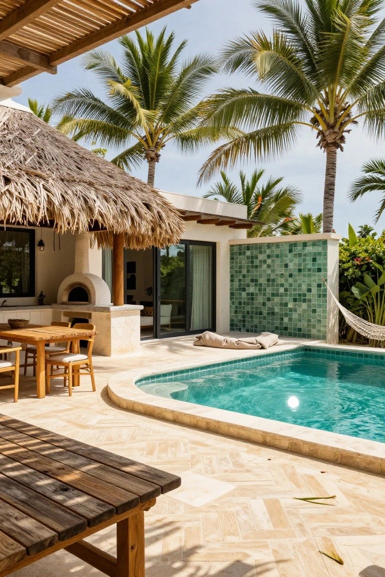 Outdoor patio under thatched palapa roof featuring wood dining table, chairs, pizza oven, kitchen counter, hammock, and curved turquoise pool edged by white tiles and surrounded by palm trees.