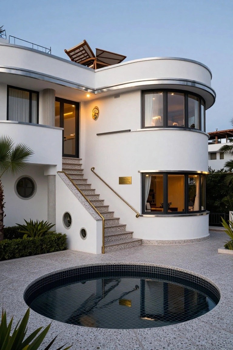 White modern house exterior with curved walls, porthole windows, metallic accents, entrance stairs, and a circular black-tiled pool in a pebbled courtyard surrounded by palms and plants.