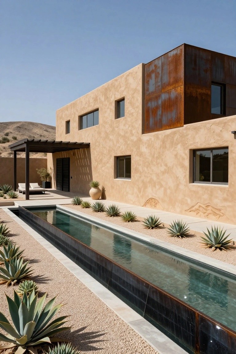 Beige stucco house exterior with rusted metal panels on one corner, linear reflecting pool along the base edged by agave plants and gravel, wooden pergola with lounge seating, large potted plants, and distant desert hills under blue sky.