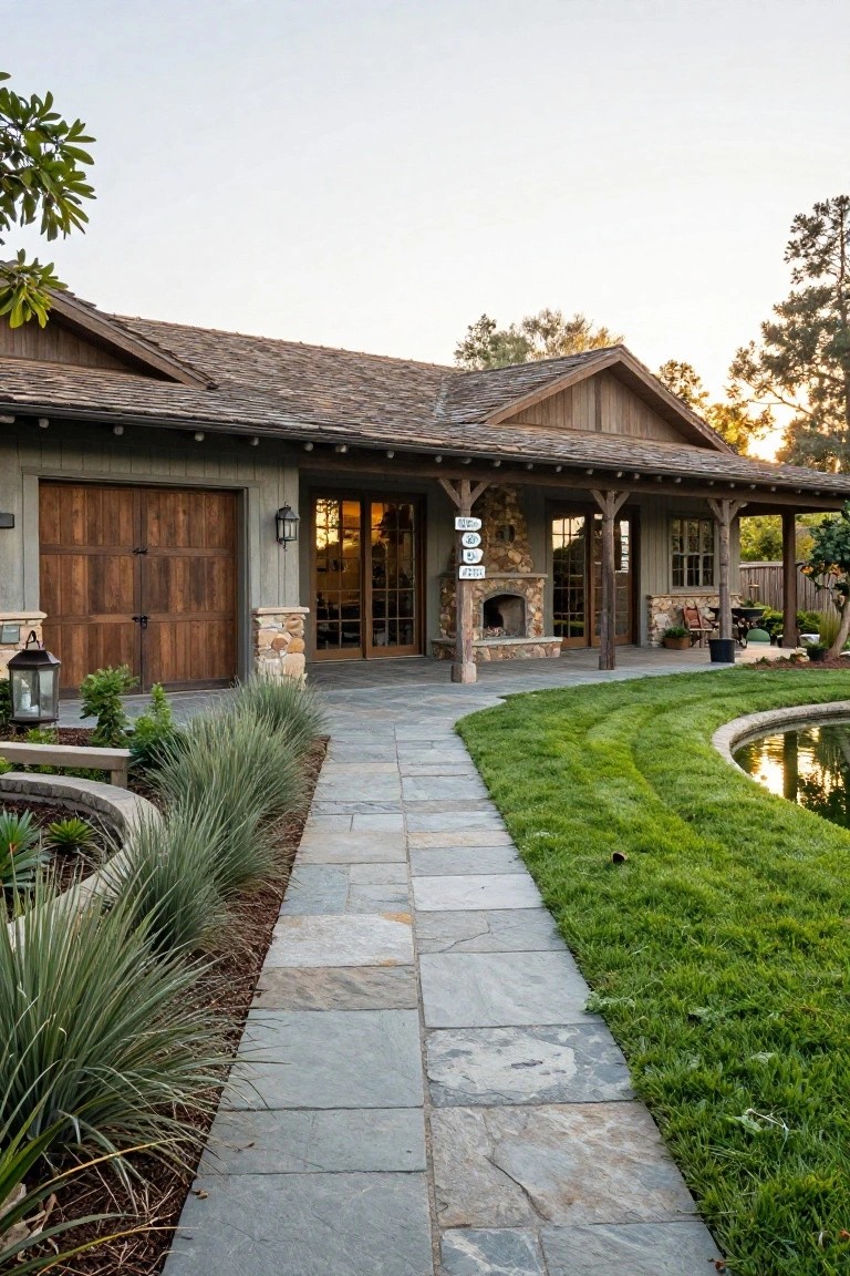 Rustic wood and stone house exterior with covered porch, built-in outdoor stone fireplace, wooden double garage doors, French doors entry, chairs on porch, slate stone pathway edged with grasses leading to lawn and small pond at dusk.