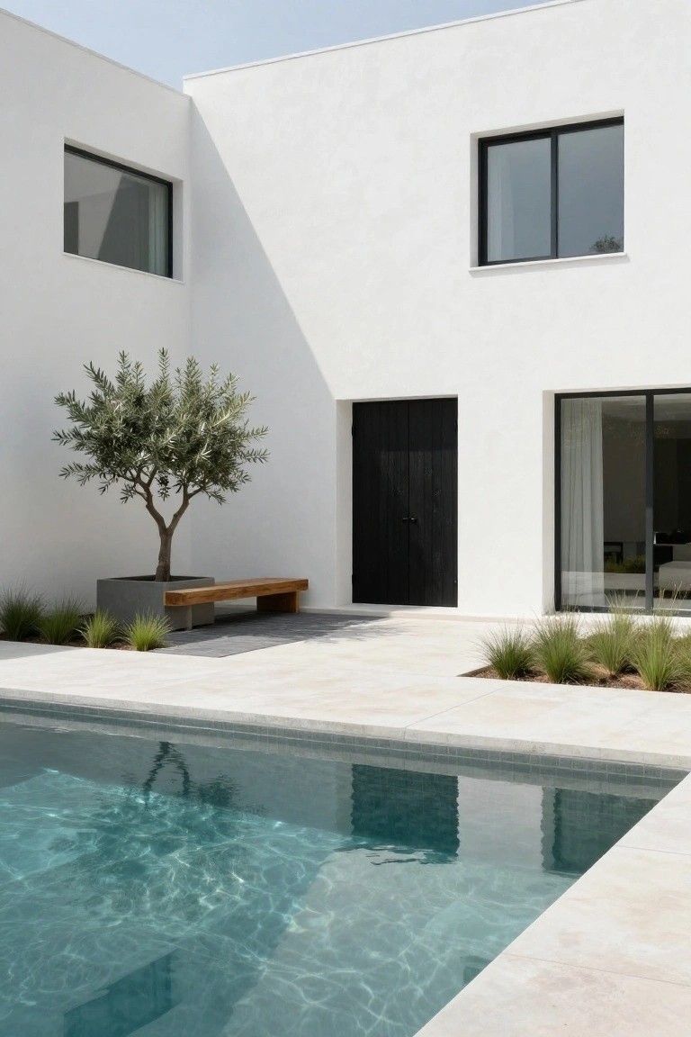 White modern house corner with black wooden door, large potted olive tree next to wooden bench, ornamental grasses, and turquoise swimming pool on light travertine terrace.