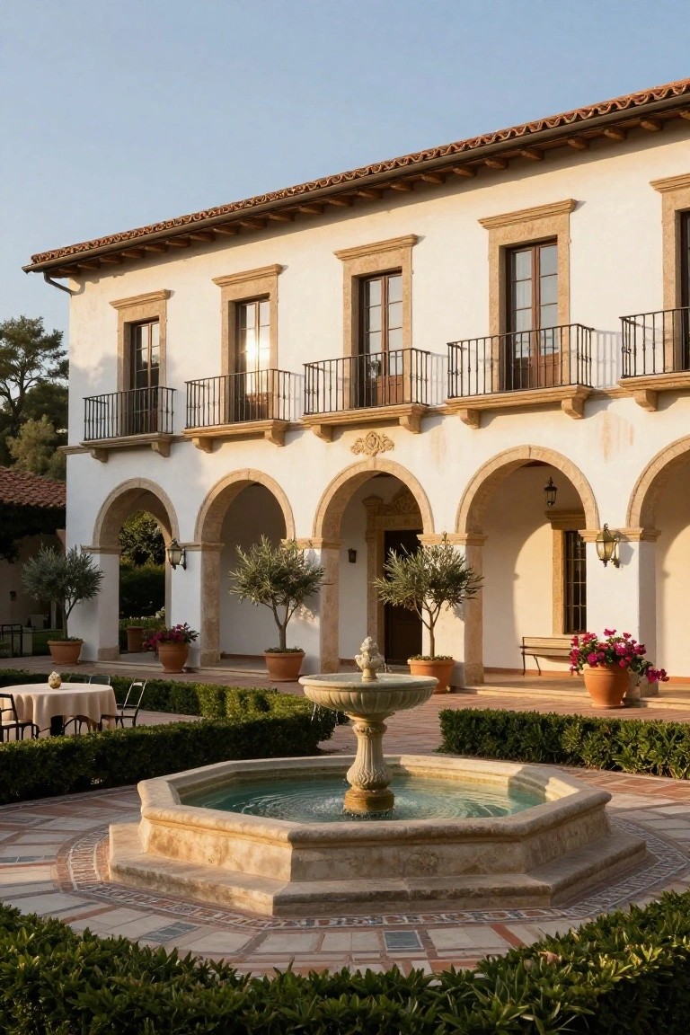 White stucco Spanish-style house exterior with red tile roof, wrought-iron balconies, arched colonnades, a central octagonal stone fountain in a courtyard, potted olive trees, geraniums, and boxwood hedges on a tiled patio.