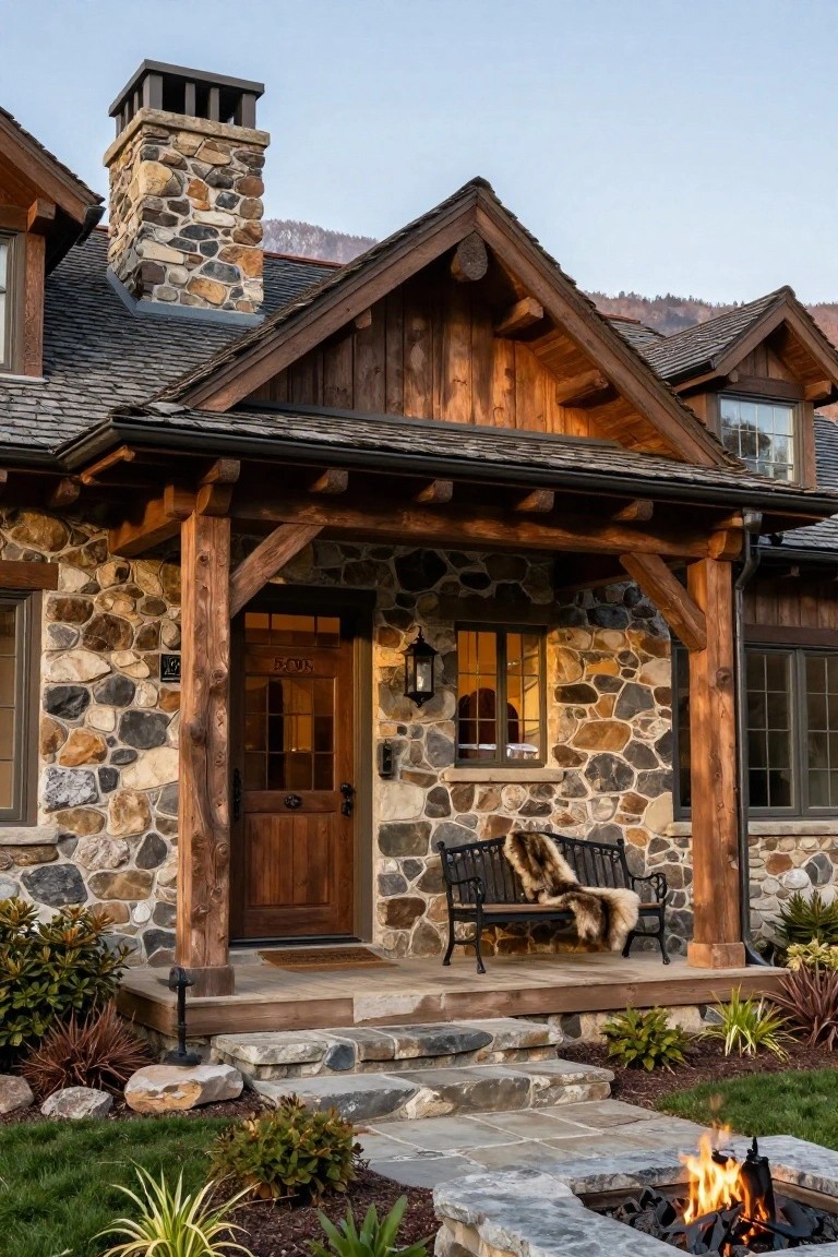 Front exterior of a luxury mountain-style home with mixed stone walls, heavy timber porch beams and posts, wooden entry door, black metal bench with fur throw, stone steps, surrounding plants, and a stone fire pit with flames in the yard.