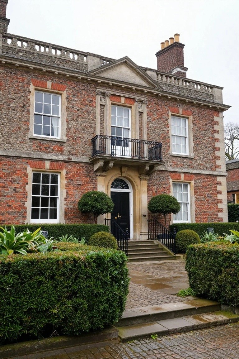 Red brick Georgian-style house facade with central black front door under arched pediment, wrought-iron balcony above, steps with railing, and paired boxwood topiaries in landscaped front yard.