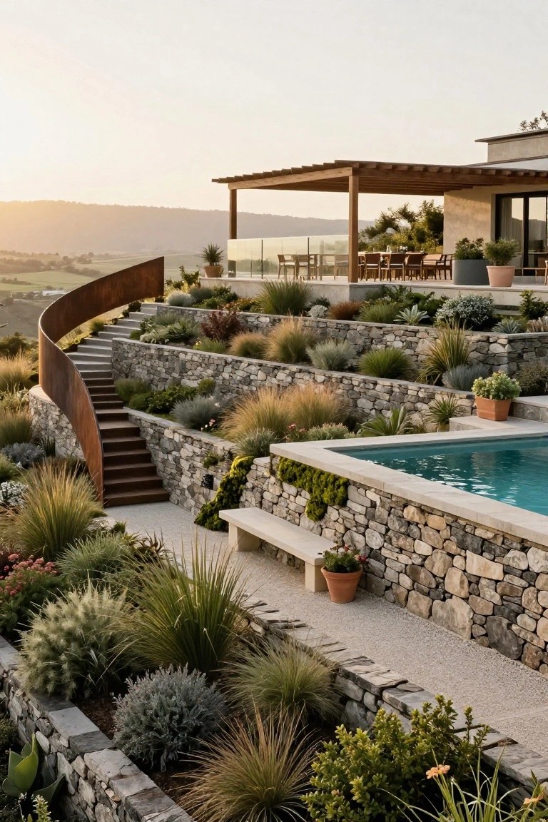 Curved rusted metal stairs wind through terraced stone retaining walls planted with grasses, succulents, and shrubs on a hillside, beside a rectangular pool and leading to a modern house with pergola and outdoor dining area.