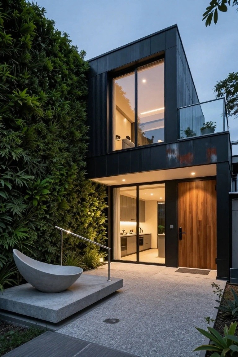 Modern two-story house exterior with black corrugated cladding, dense vertical green plant wall on left side, large glass windows and balcony on upper level, timber front door, and curved stone basin sculpture on pebble entry courtyard at dusk.