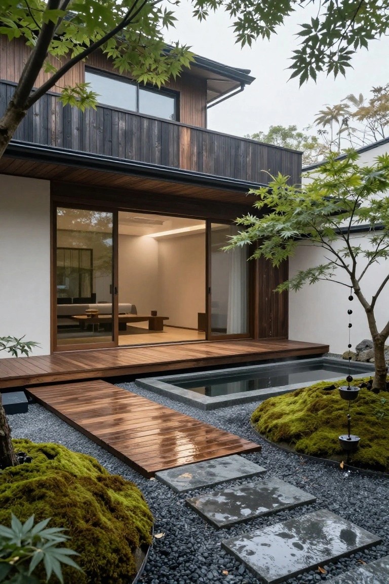Modern Japanese-style house with dark wood siding and balcony, open wooden sliding doors to a minimalist white interior room, raised wooden veranda deck, gravel pathway with moss mounds, stepping stones, small water basin, and maple trees.