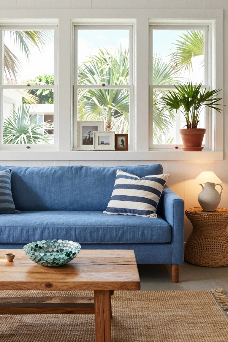 Blue fabric sofa in a white-walled living room with large triple windows showing palm trees outside, wooden coffee table with glass bowl, side table with lamp, and potted plant on windowsill.