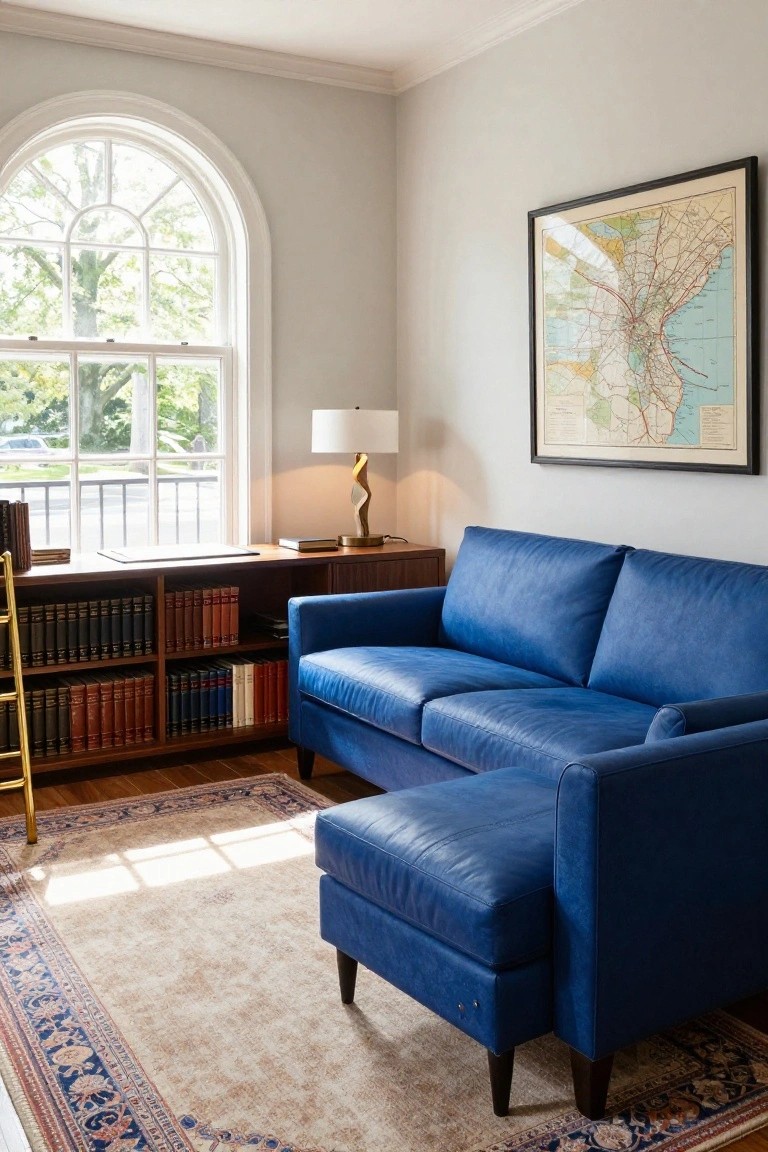 Interior room with blue leather sofa and matching ottoman next to wooden bookshelves filled with books, a desk and lamp on a wooden cabinet, arched window with view of trees and street, and beige oriental rug on hardwood floor.