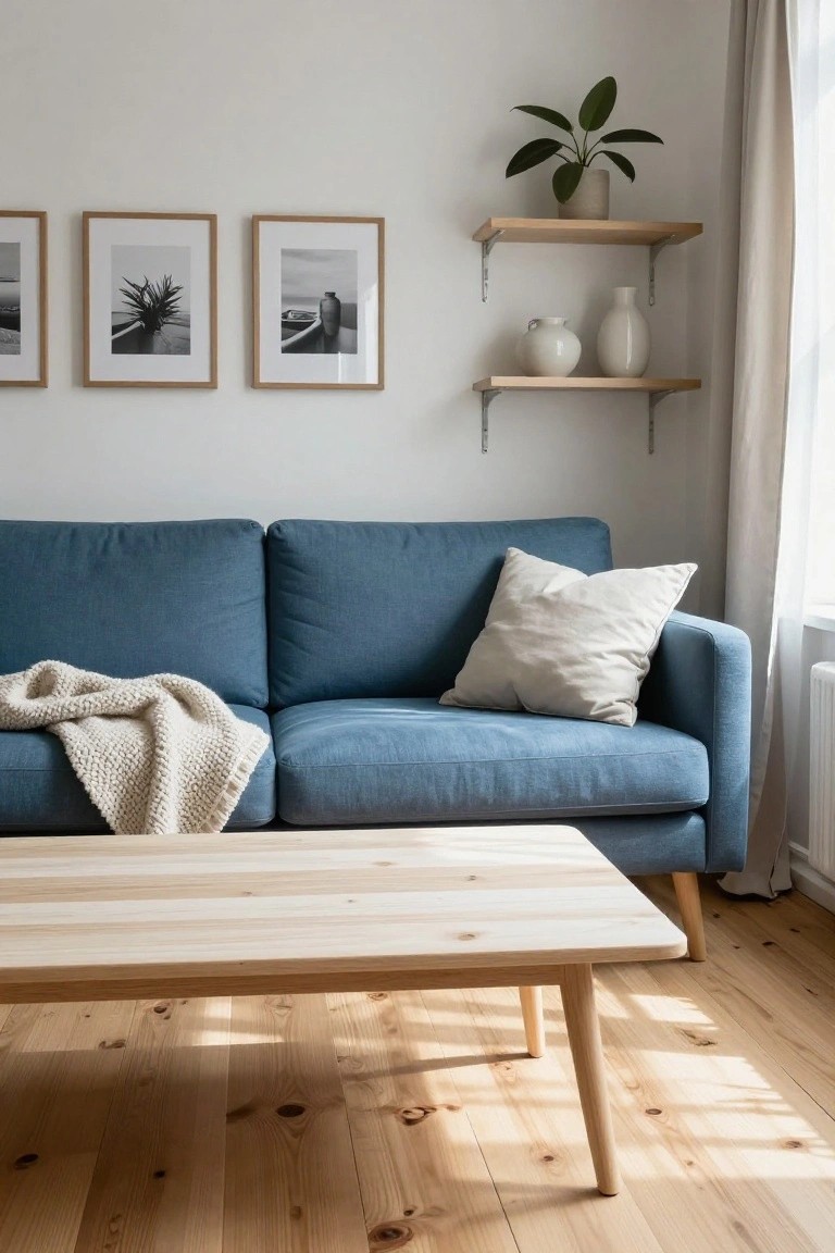 Blue fabric sofa with cream knit throw and pillow in a bright living room with white walls, three black-and-white framed photos, wooden shelves holding plant and vases, light oak coffee table, sheer curtains at window, and light wooden floor.