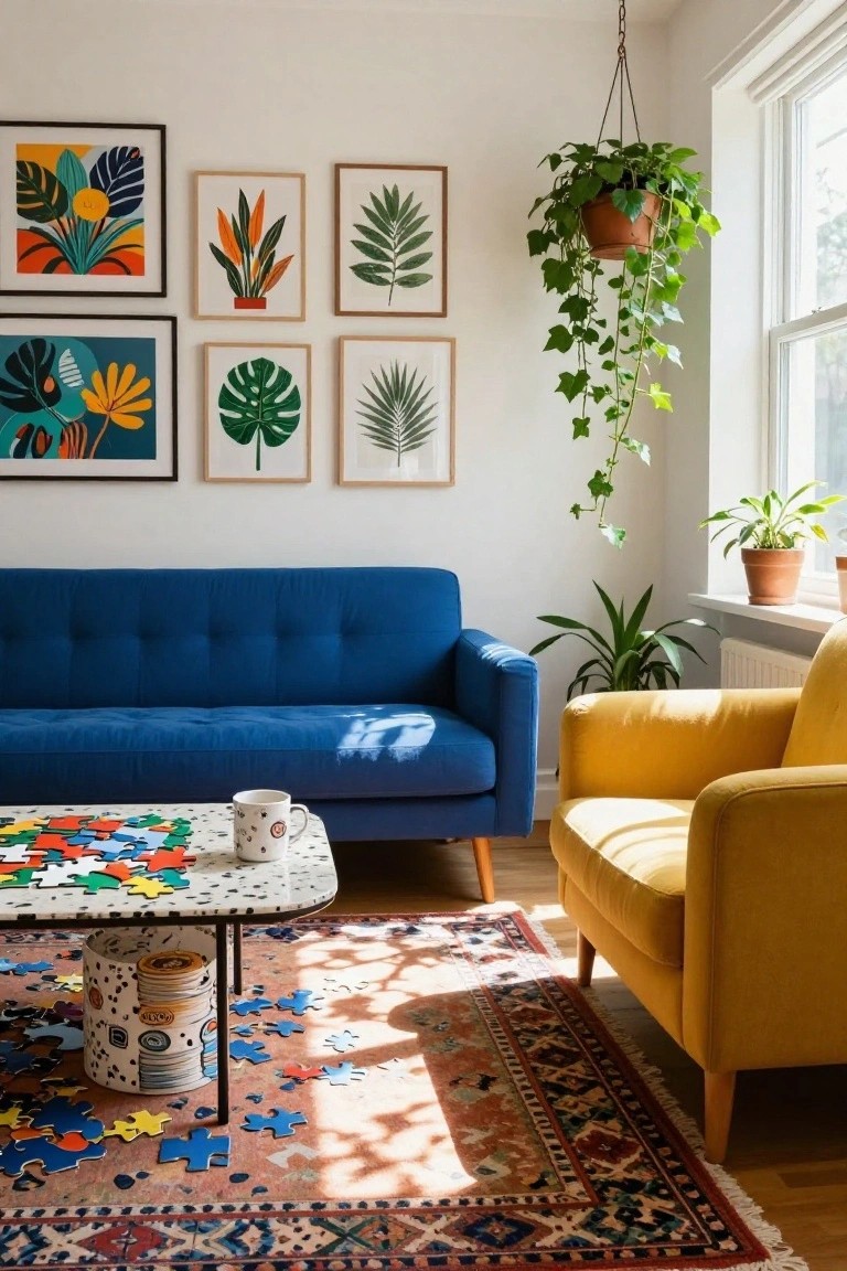 Living room with blue fabric sofa, yellow armchair, white coffee table holding jigsaw puzzle pieces and a patterned mug, colorful abstract plant art on white walls, multiple potted plants, and a hanging ivy plant near a sunlit window.