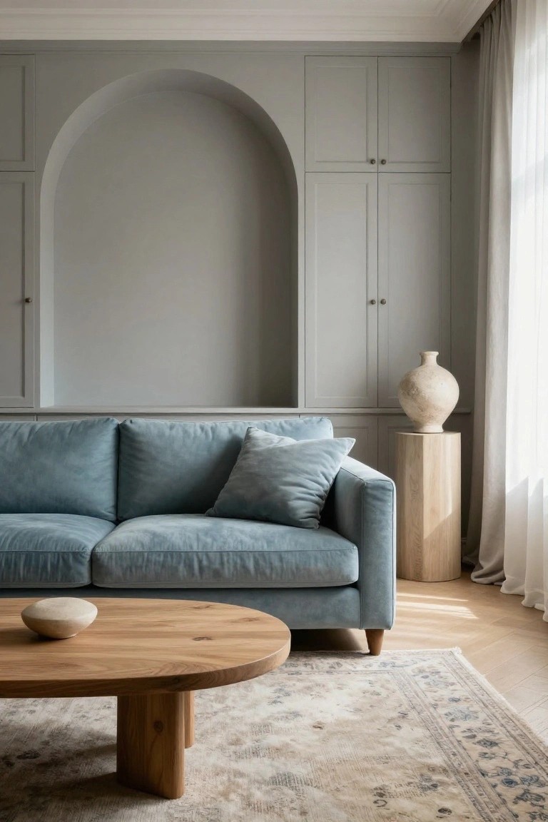 Curved blue velvet sofa in a living room with tall arched grey cabinetry, oval natural wood coffee table, beige patterned rug, wood pedestal holding a large ceramic vase, and sheer curtains by a window.