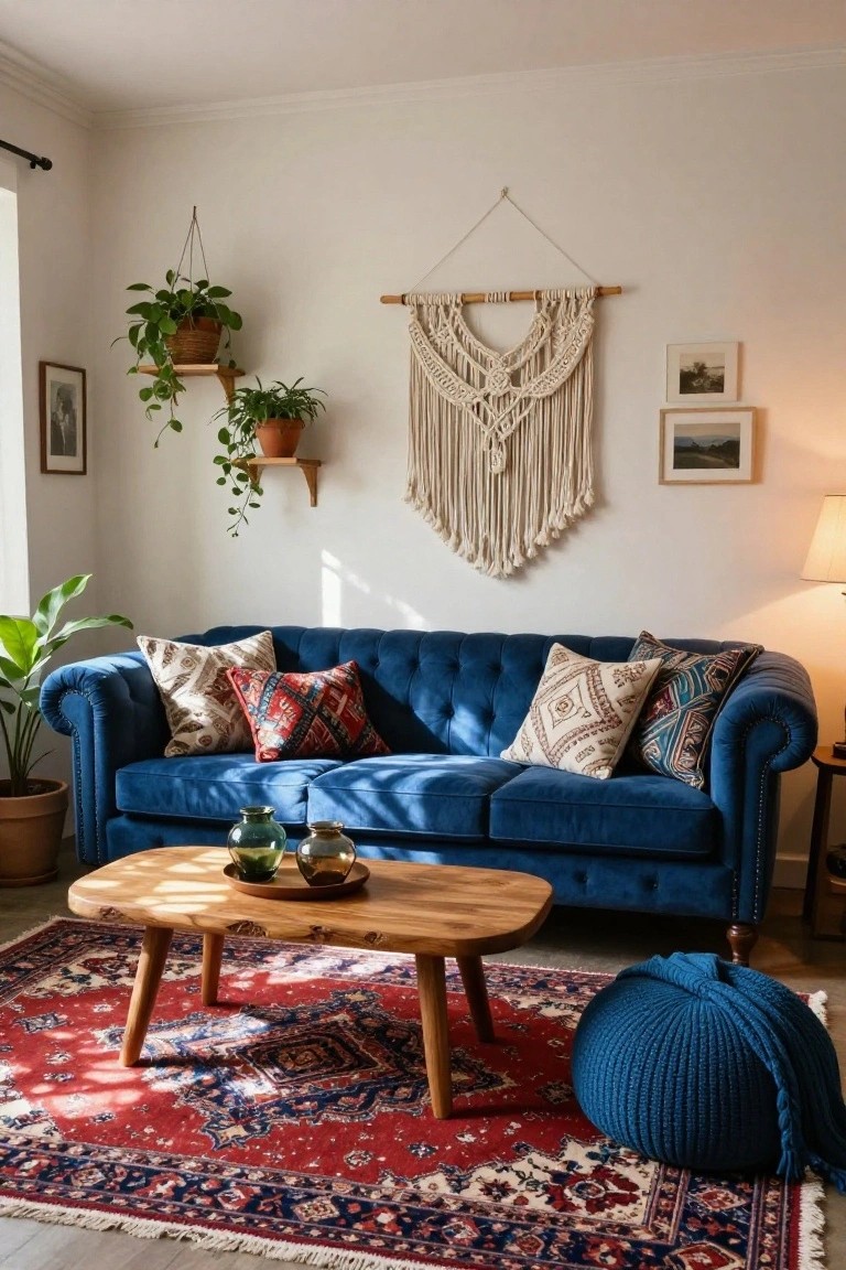 Living room with blue velvet tufted sofa, colorful patterned pillows, wooden coffee table on red and blue Persian rug, macrame wall hanging, potted plants, and hanging greenery against white walls.
