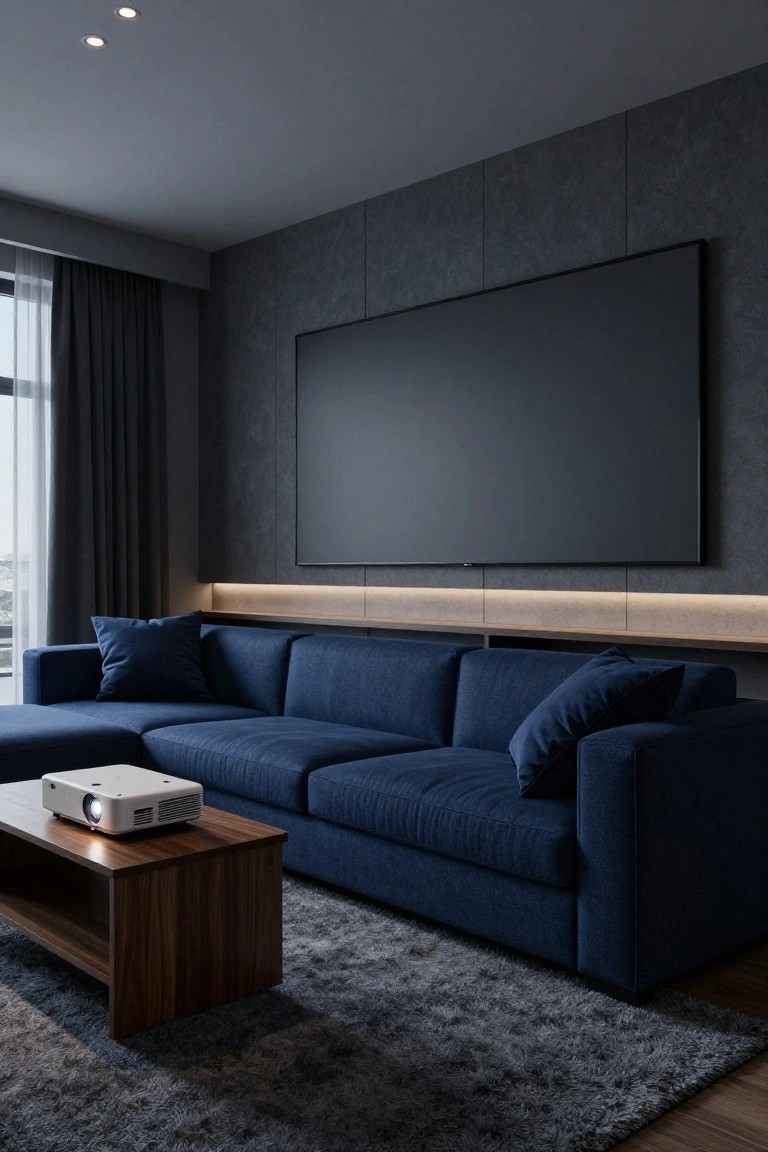 Modern living room with dark blue L-shaped sofa facing large black wall-mounted screen, white projector on wooden coffee table, dark textured walls, recessed ceiling lights, and gray rug.