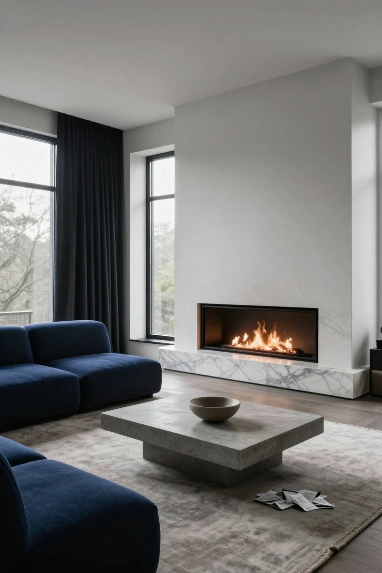 Modern living room with two deep blue modular sofas arranged in an L-shape, a low concrete coffee table holding a ceramic bowl, a long linear gas fireplace with white marble hearth and surround, large floor-to-ceiling windows with navy curtains overlooking trees, light wood flooring, and a light gray rug.