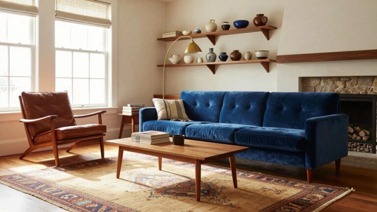 Living room with blue tufted velvet sofa, wood coffee table, tan leather armchairs, floating wood shelves holding ceramics and vases, arched floor lamp, white walls, fireplace, and patterned rug on hardwood floor.