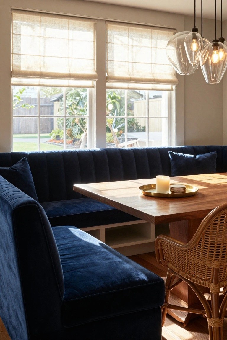 L-shaped navy blue tufted velvet banquette in a dining nook with wooden table, brass tray holding candle and coasters, rattan chair, pendant lights, sheer shades on windows overlooking garden and fence.
