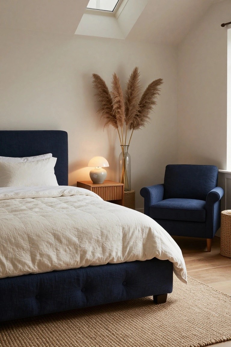 Bedroom with navy blue upholstered bed, matching armchair, white bedding, bedside lamp on wooden nightstand, tall pampas grass in vase, light walls, skylight, and beige rug on wood floor.