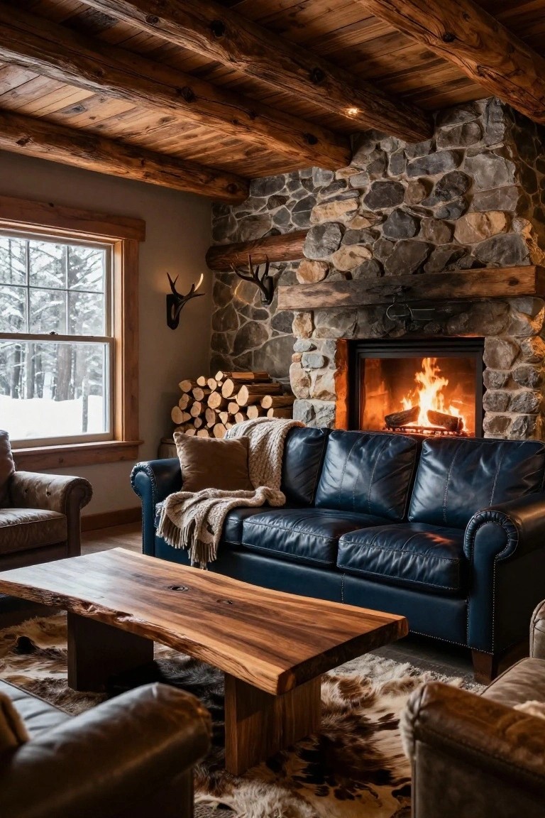 Living room with navy blue leather sofa facing a stone fireplace, wooden beamed ceiling, live-edge wood coffee table, leather armchairs, and window showing snowy woods outside.