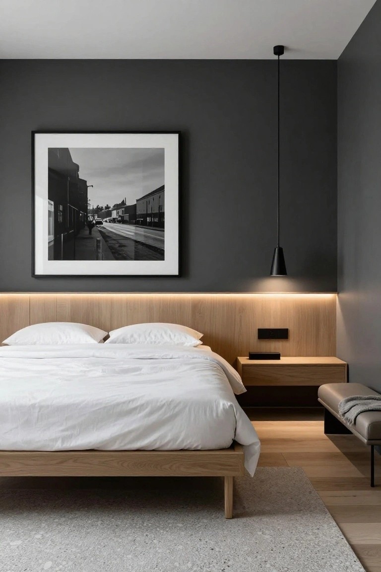 Modern bedroom with dark gray walls, large black-framed black-and-white street photo, oak bed frame with LED-backlit wooden headboard, wooden nightstand, bench, and light oak floors.