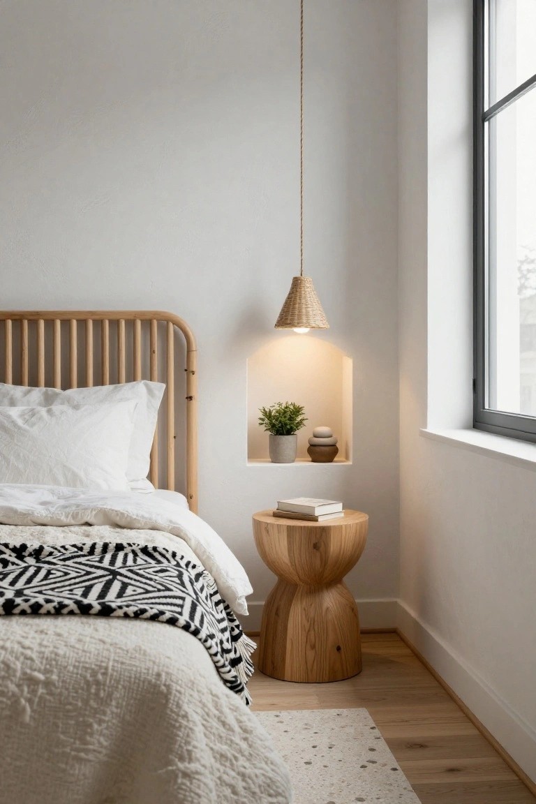 Corner view of a minimalist bedroom with rattan bed frame and white bedding draped with black and white throw, wood pedestal nightstand holding a book, hanging rattan-shade pendant light, arched wall niche with potted plant and stacked stones, black-framed window, and light wood floor.