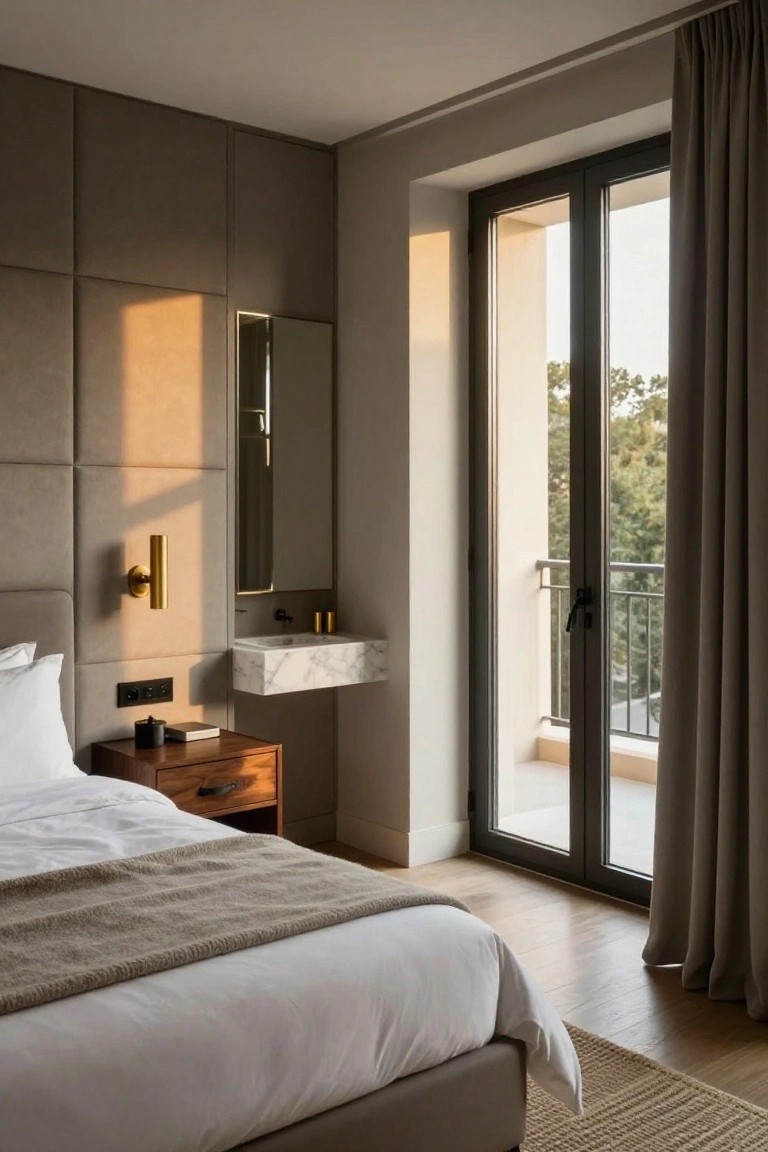 Modern bedroom interior with gray tufted wall paneling featuring integrated mirror, brass wall sconce, floating white marble sink, wooden nightstand, white bed, and floor-to-ceiling glass doors opening to a balcony with trees outside.