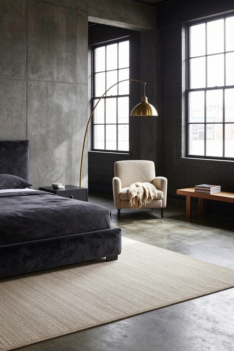 Modern bedroom interior with exposed gray concrete walls, dark gray velvet upholstered bed on a platform, cream bouclé armchair draped with a light throw blanket, gold arched floor lamp, wooden bench with stacked books, and large black-framed windows.