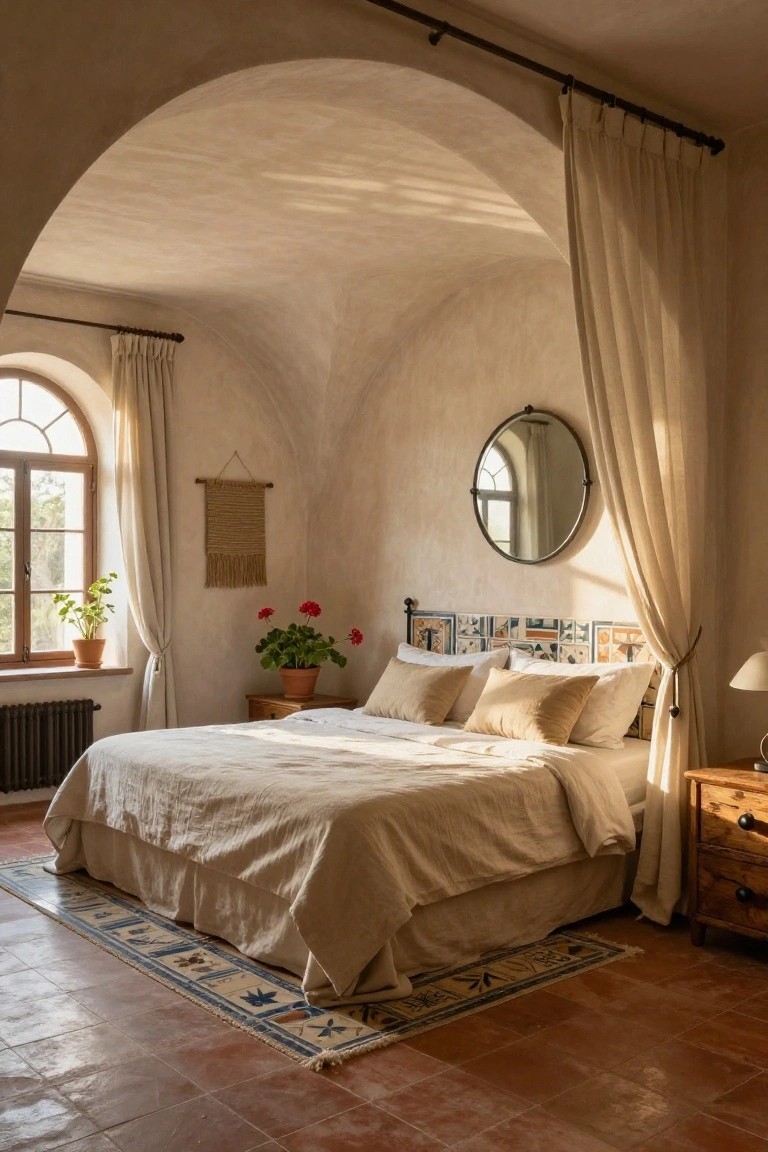 A sunlit bedroom with a bed in an arched alcove framed by flowing beige sheer curtains on a black rod, neutral linen bedding, potted plants, wooden furniture, and terracotta tile floors.