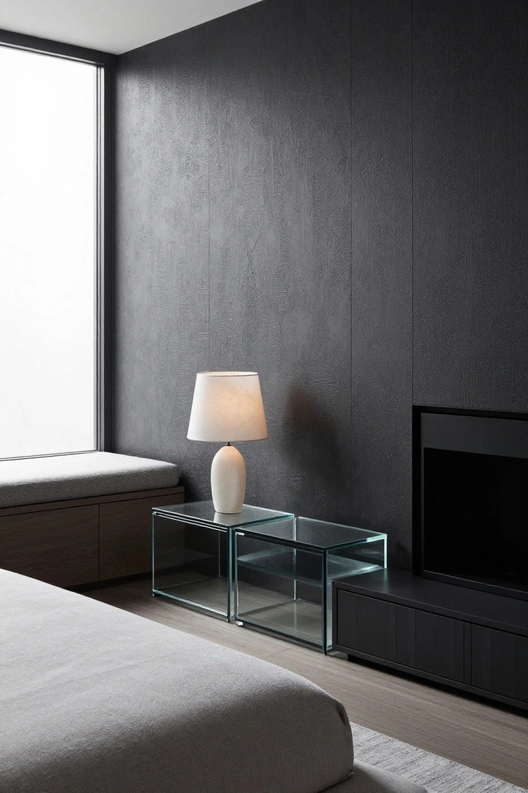 Modern bedroom corner with dark textured paneled walls, large window with window seat, white ceramic lamp on glass side tables, black fireplace, and platform bed on wood floors.