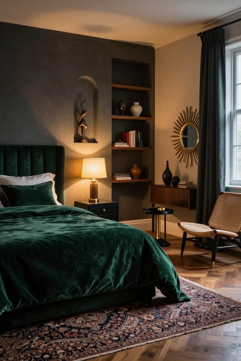 Corner view of a luxury bedroom with emerald green velvet tufted bed, black nightstand and brass lamp, built-in wooden shelves holding vases and books, arched niche with gold statue, gold sunburst mirror on beige wall, rattan chair, and patterned rug on herringbone parquet floor.