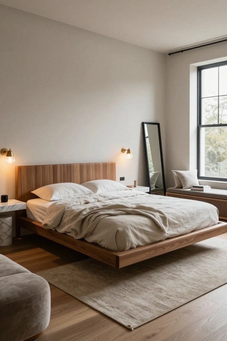 A bedroom with a low wooden platform bed featuring a slatted oak headboard, white linen bedding, gold wall sconces, a full-length black mirror, a window bench with cushions, and light wood flooring.
