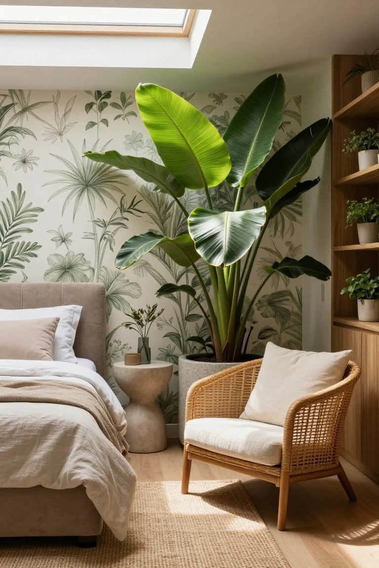 A modern bedroom with cream walls printed in green tropical leaf patterns, a tall potted banana plant next to a beige upholstered bed, rattan armchair with cream cushions, side table, seagrass rug, wooden shelves holding small plants, and a skylight overhead.