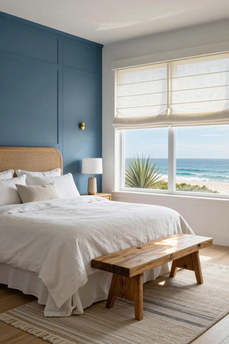Modern bedroom featuring a navy blue paneled accent wall behind a rattan headboard bed with white linens, a wooden nightstand with lamp, wooden bench at foot, beige rug on wood floor, and large windows with sheer shades overlooking ocean, beach, and palm plant.