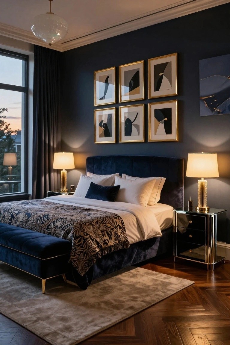 Modern bedroom with dark navy walls, navy velvet upholstered headboard and bench, gold-framed abstract artworks, brass table lamps on glass nightstands, patterned bedcovers, and large window showing sunset view over trees.