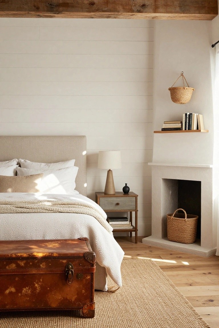 Bedroom with beige upholstered headboard, white and cream bedding, vintage reddish leather trunk at foot of bed, nightstand lamp and books beside white fireplace with woven basket, shiplap walls, wooden beams overhead, seagrass rug on wood floors.