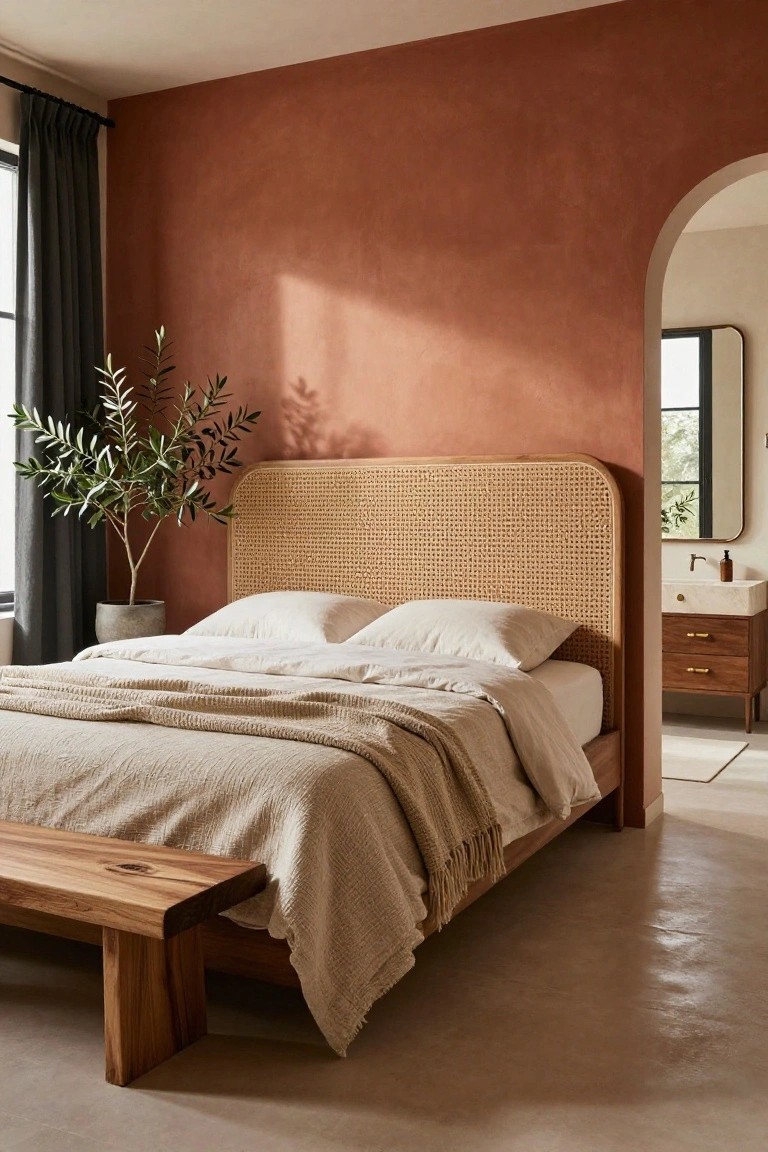 Bedroom featuring terracotta plaster walls, a bed with cane headboard and white sheets draped with beige throw, wooden bench at foot of bed, potted olive tree, and open archway to bathroom with white vanity.