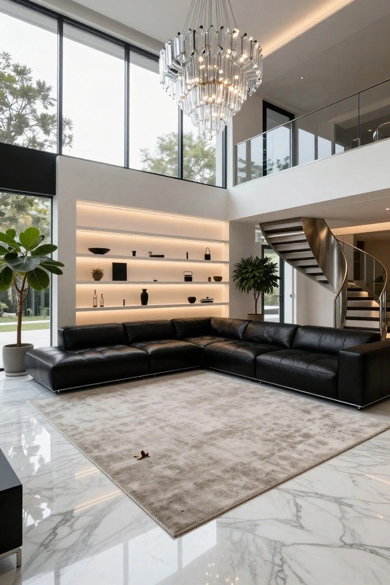 Double-height luxury living room with black leather L-shaped sofa on light gray marble floor, tall backlit wooden shelving wall displaying ceramics and plants, metallic spiral staircase, large crystal chandelier, potted trees, and floor-to-ceiling windows showing trees outside.