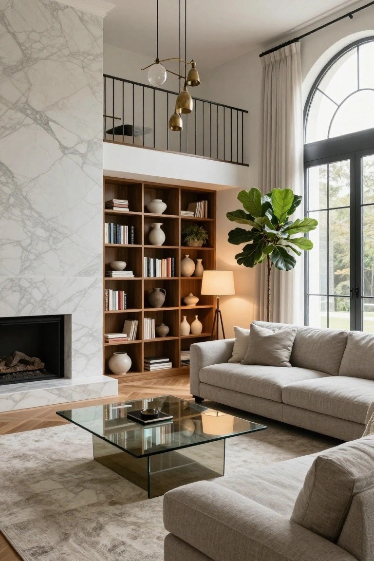 Double-Height Bookshelf Wall