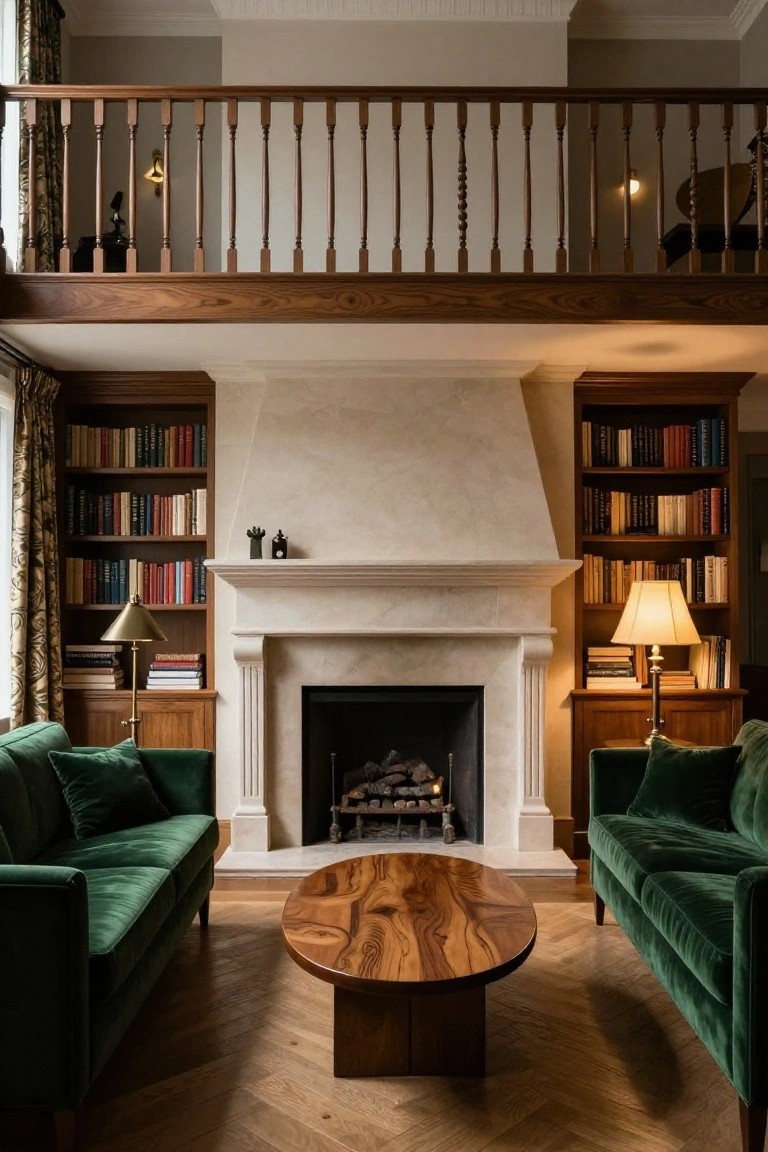 Double-height living room with emerald green velvet sofas around a round wooden coffee table, white stone fireplace flanked by wooden bookshelves, and wooden mezzanine balcony overhead.