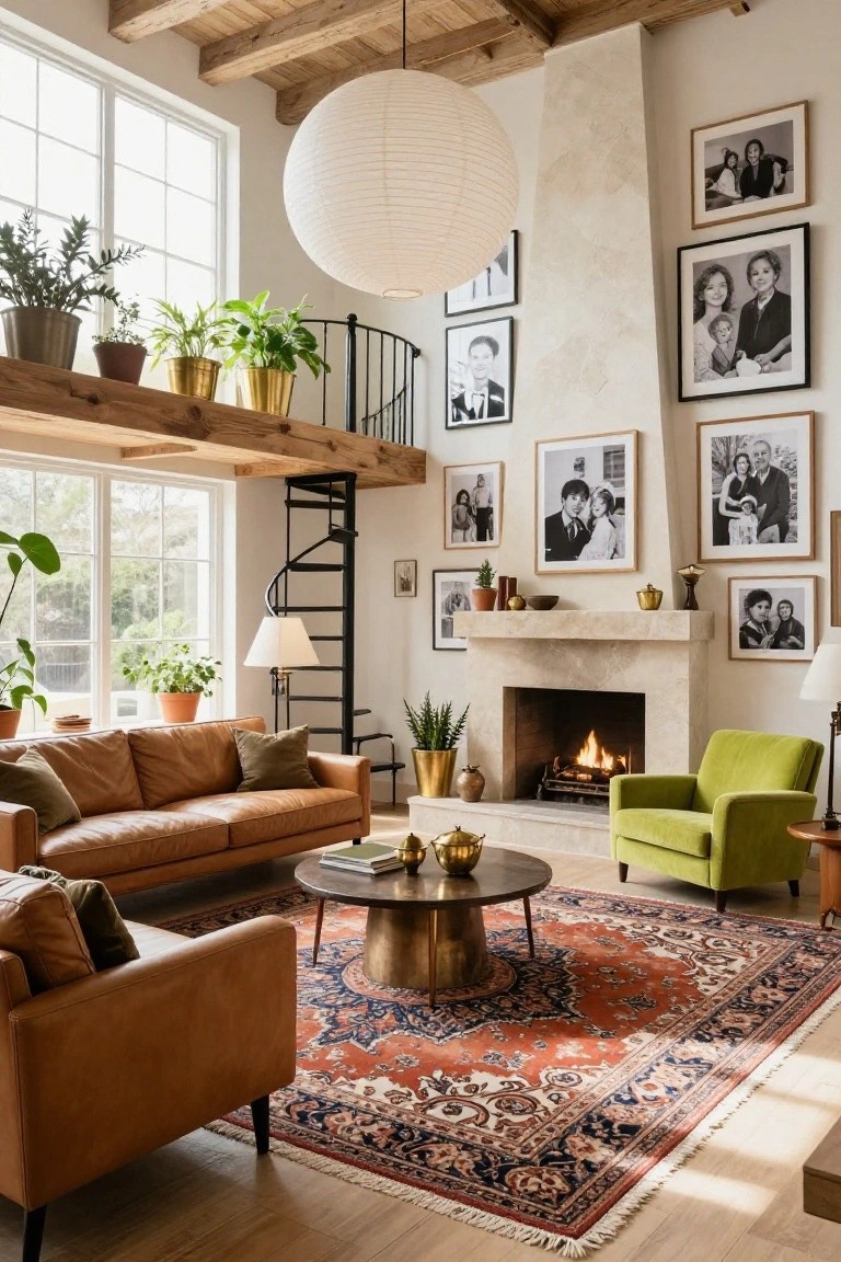 Double-height living room with exposed wood beam ceiling, large windows, tan leather sofas, green velvet armchair, brass coffee table on red Persian rug, stone fireplace with burning fire, potted plants, metal spiral staircase to wooden mezzanine, and many framed black-and-white family photos on walls.