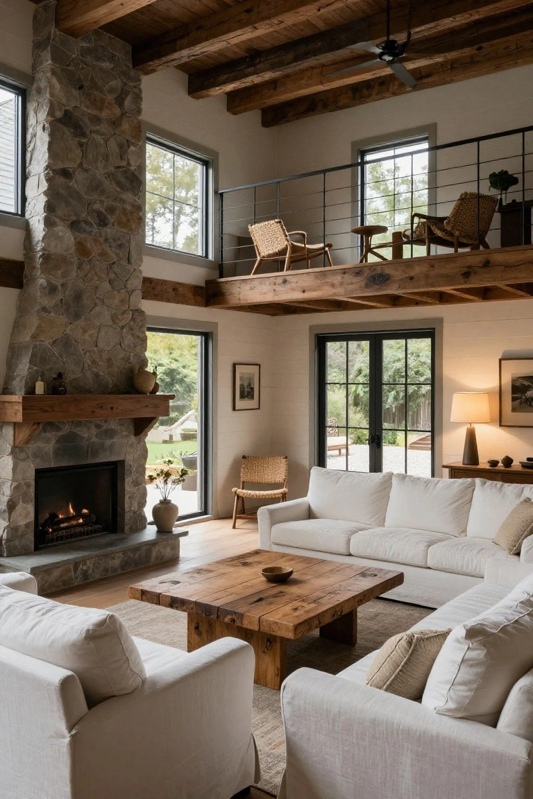 Double-height living room interior with exposed wood beam ceiling, stone fireplace, white L-shaped sofa, wooden coffee table, and metal-railed mezzanine walkway above.